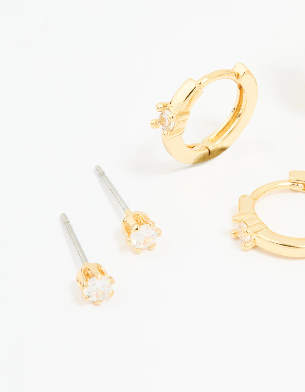 Gold Plated Brass Cubic Zirconia Huggie & Stud Earrings 4-Pack - Image 2
