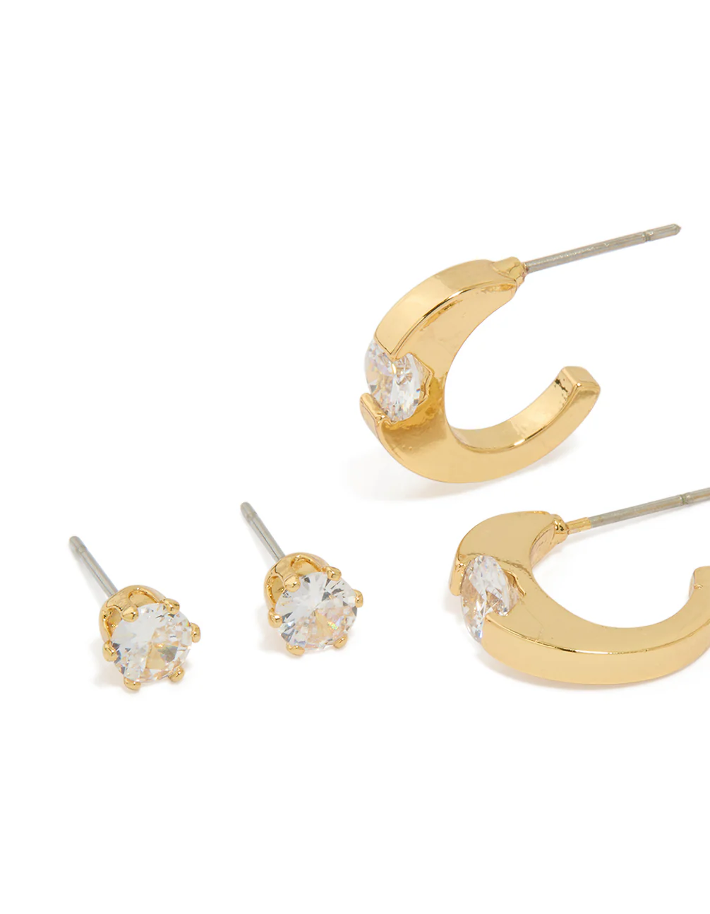 Gold Plated Brass Cubic Zirconia Inlay Stud & Huggie Earrings 3-Pack - Image 2