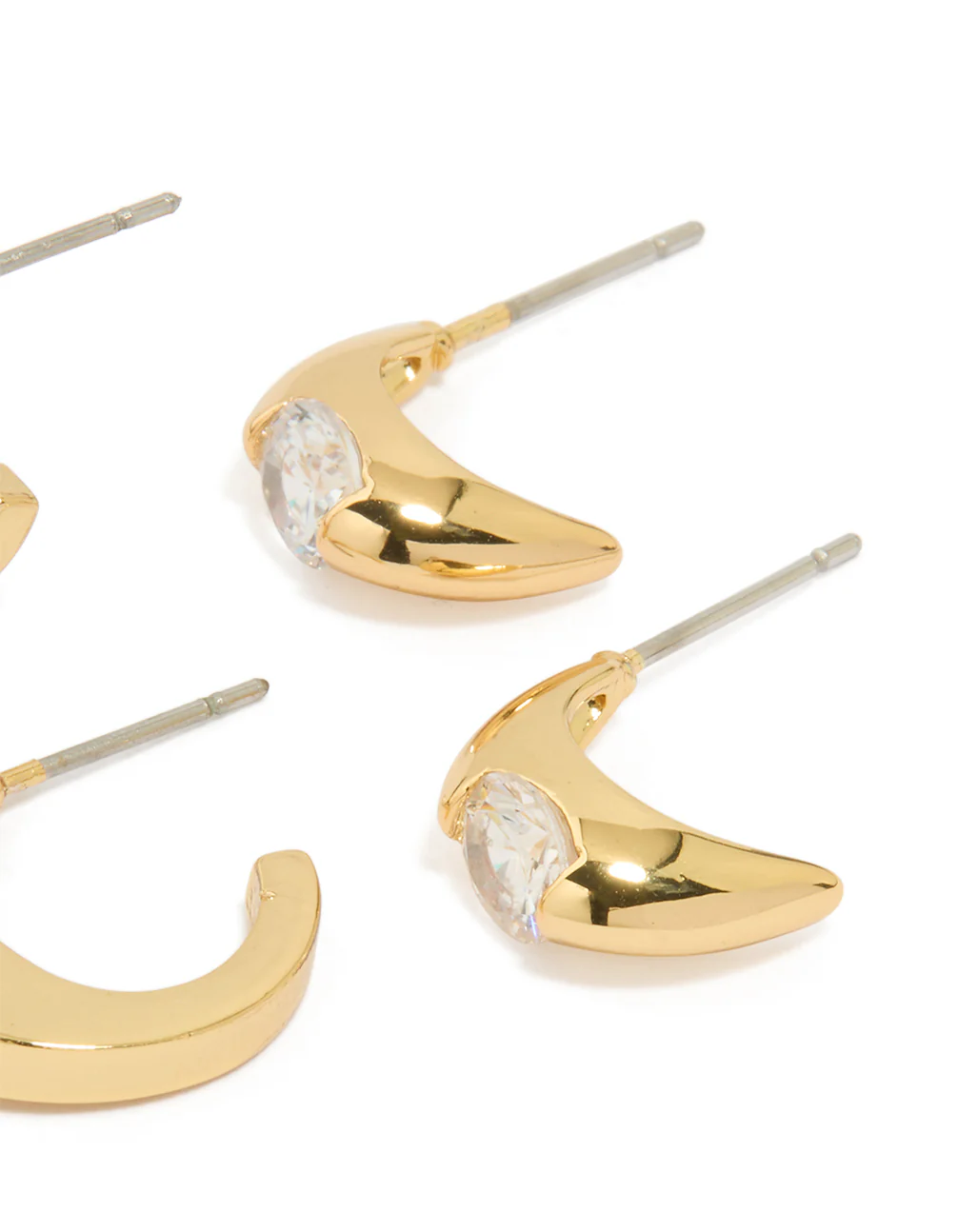 Gold Plated Brass Cubic Zirconia Inlay Stud & Huggie Earrings 3-Pack - Image 3