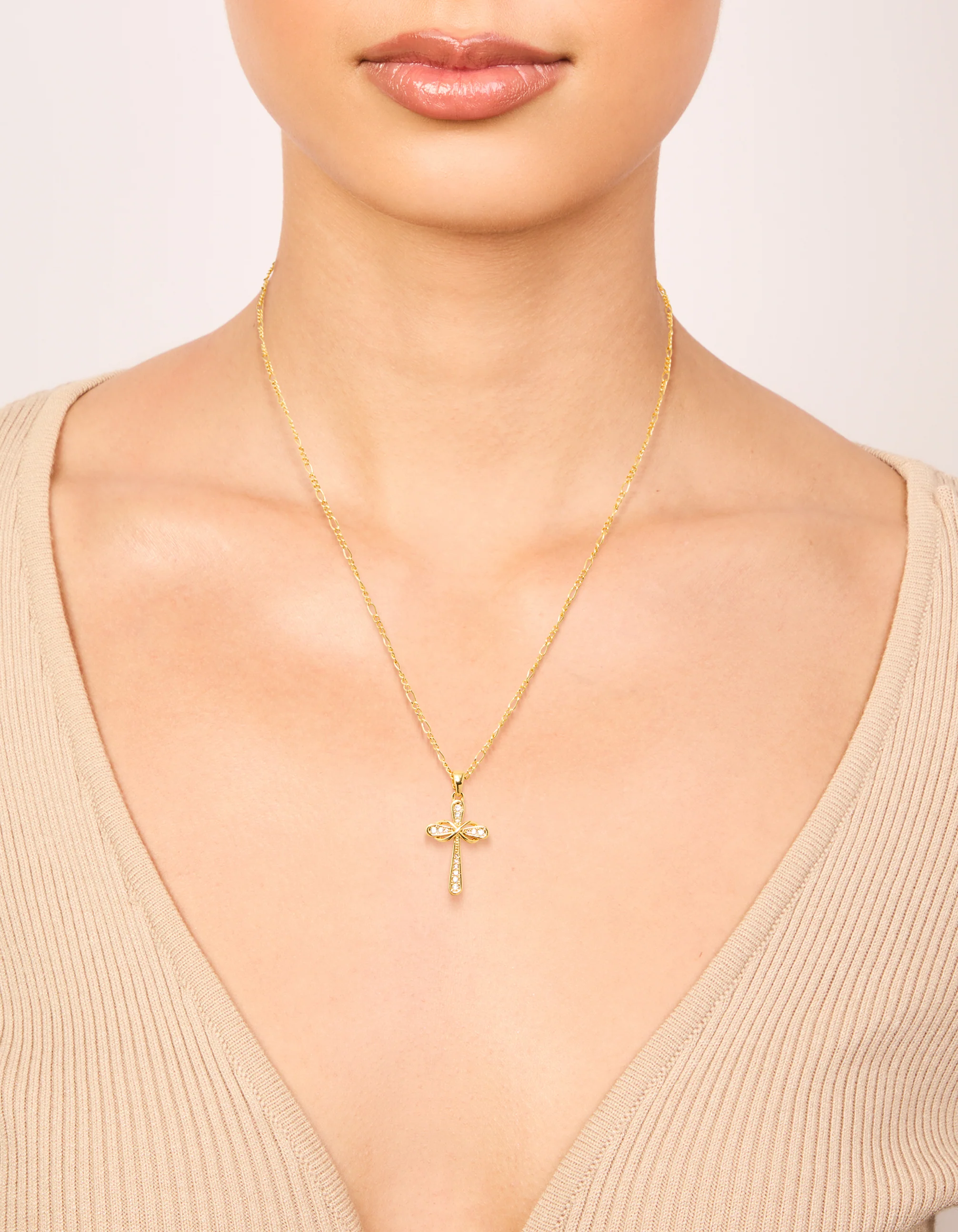 Gold Plated Brass Cubic Zirconia Large Cross Pendant Necklace - Image 2