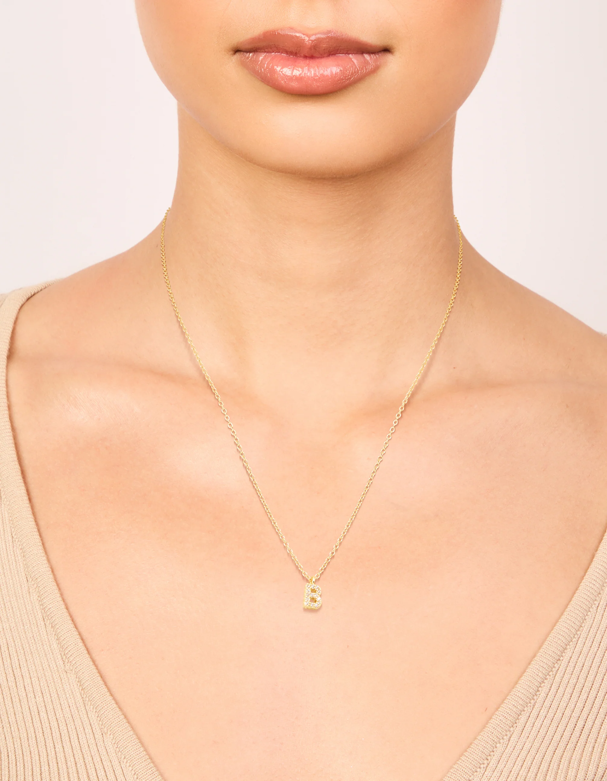 Gold Plated Brass Cubic Zirconia Letter B Pendant Necklace - Image 2