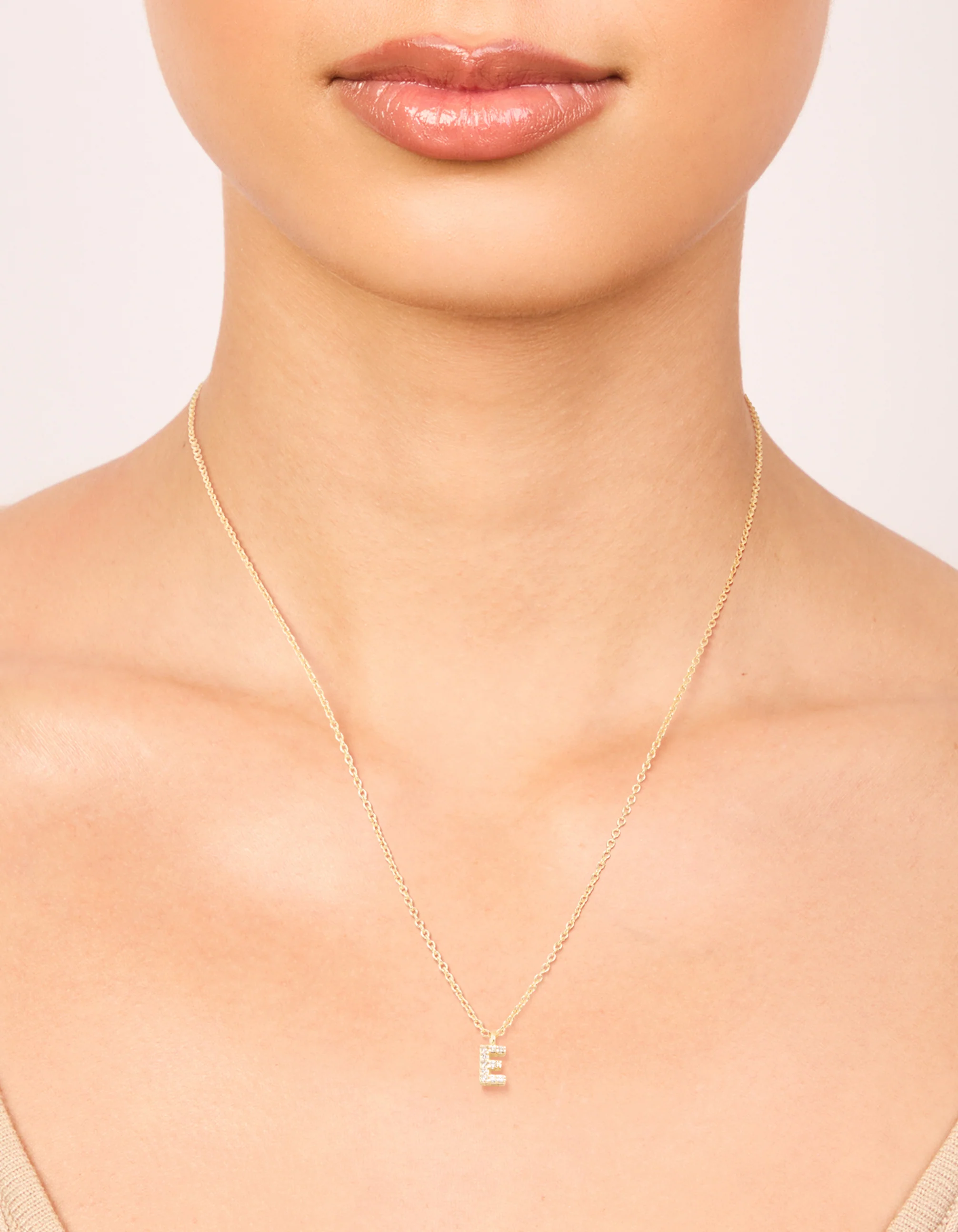 Gold Plated Brass Cubic Zirconia Letter E Necklace - Image 2