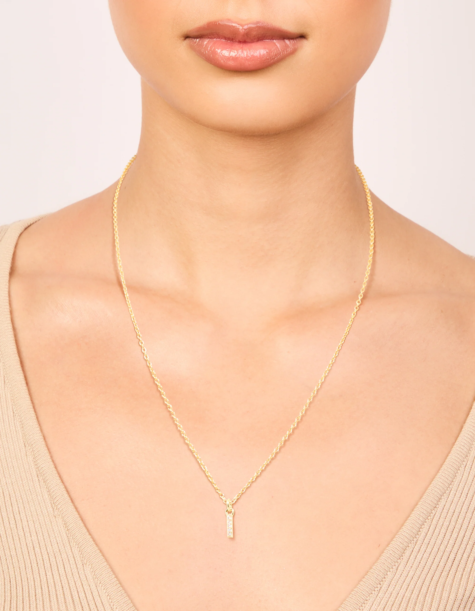 Gold Plated Brass Cubic Zirconia Letter I Necklace - Image 2