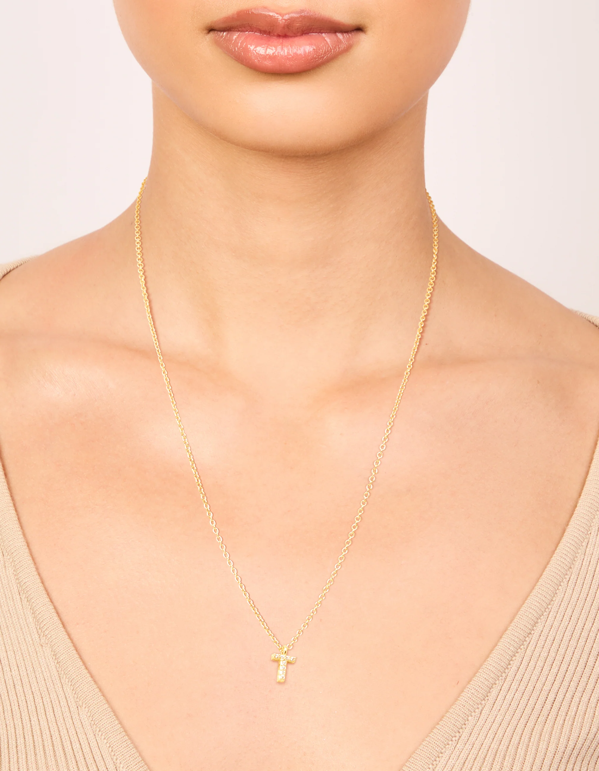 Gold Plated Brass Cubic Zirconia Letter T Necklace - Image 2