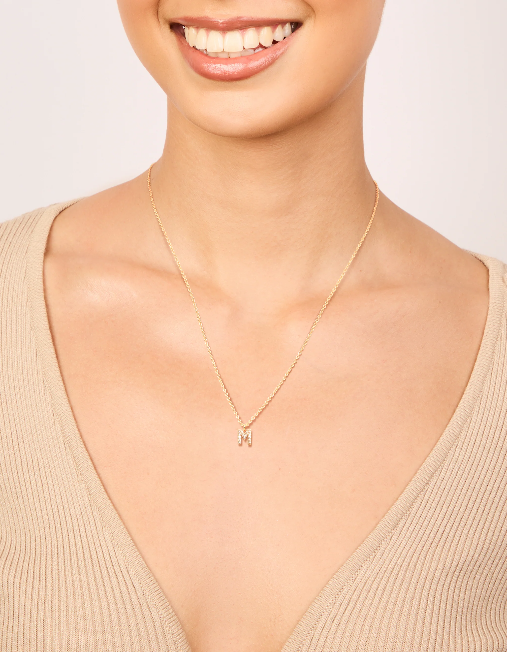 Gold Plated Brass Cubic Zirconia Letter M Necklace - Image 2