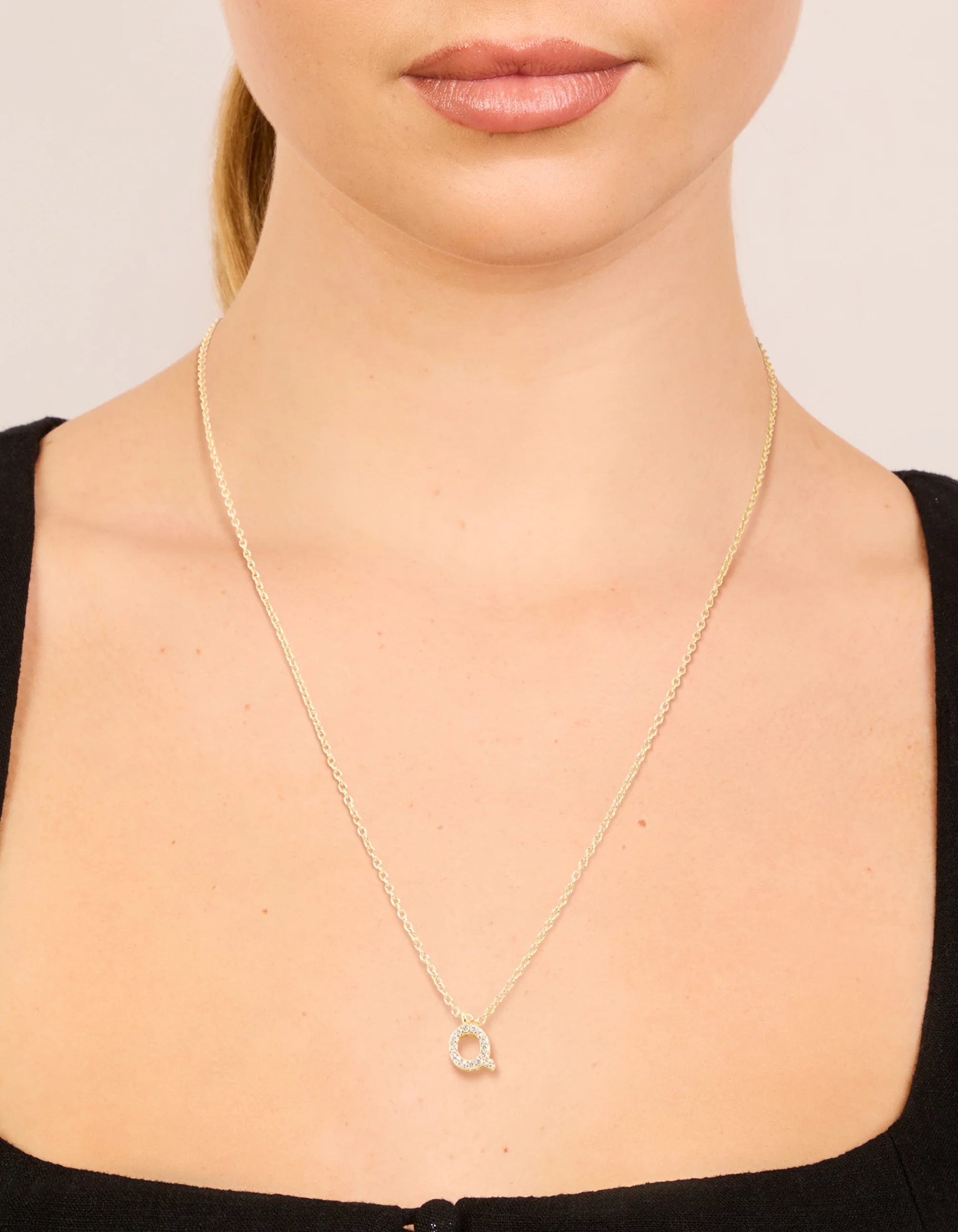 Gold Plated Brass Cubic Zirconia Letter Q Necklace - Image 2