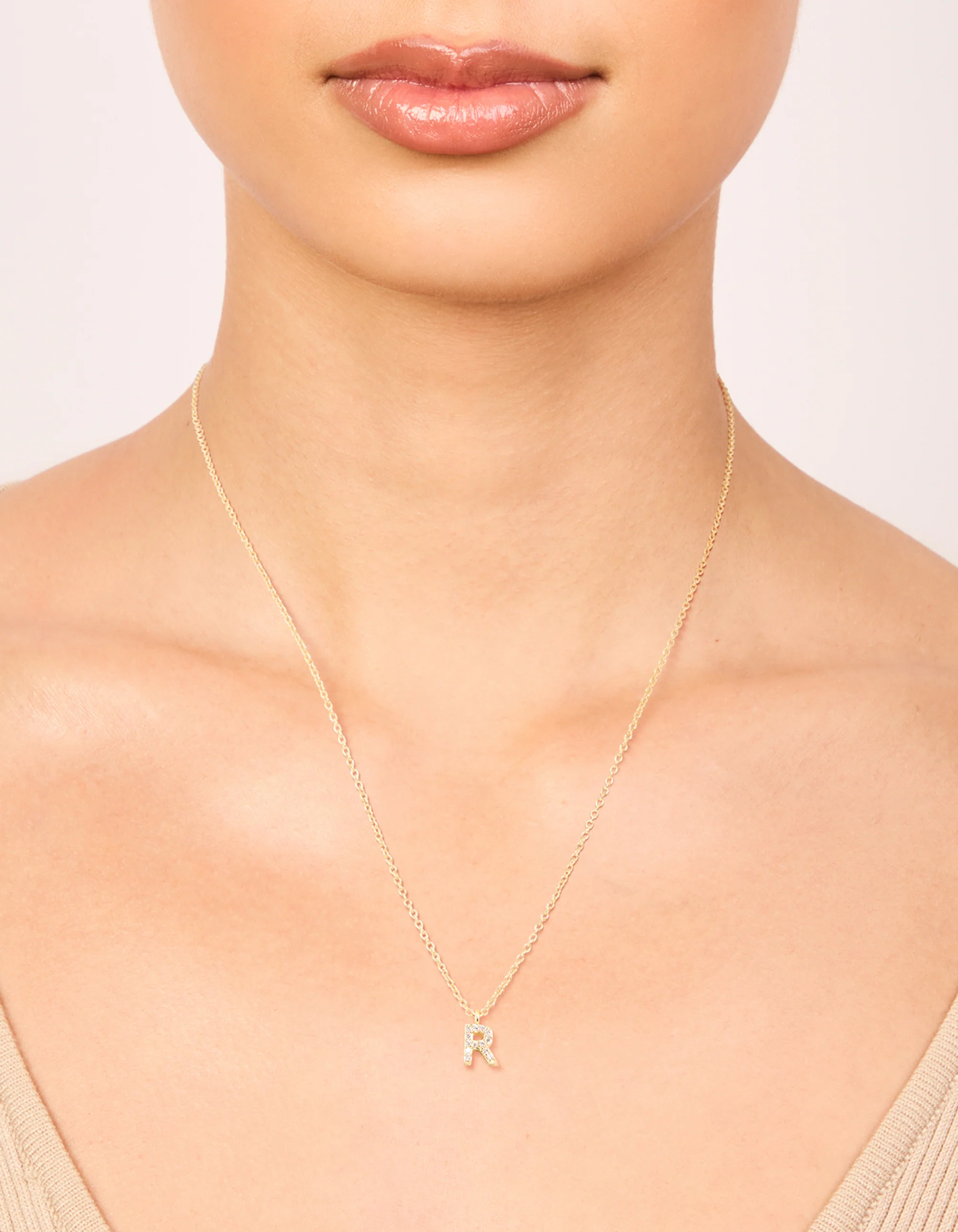 Gold Plated Brass Cubic Zirconia Letter R Necklace - Image 2