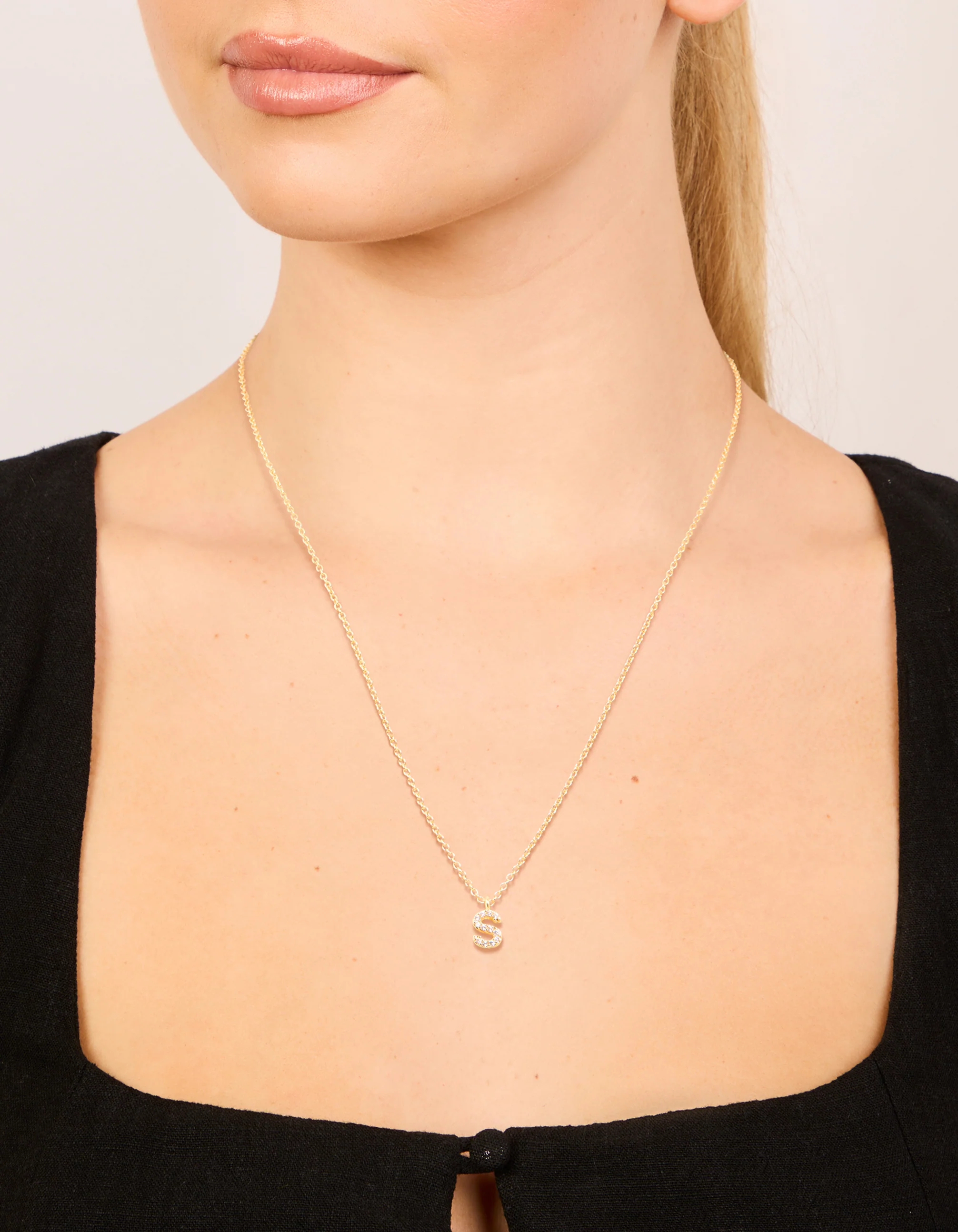 Gold Plated Brass Cubic Zirconia Letter S Necklace - Image 2