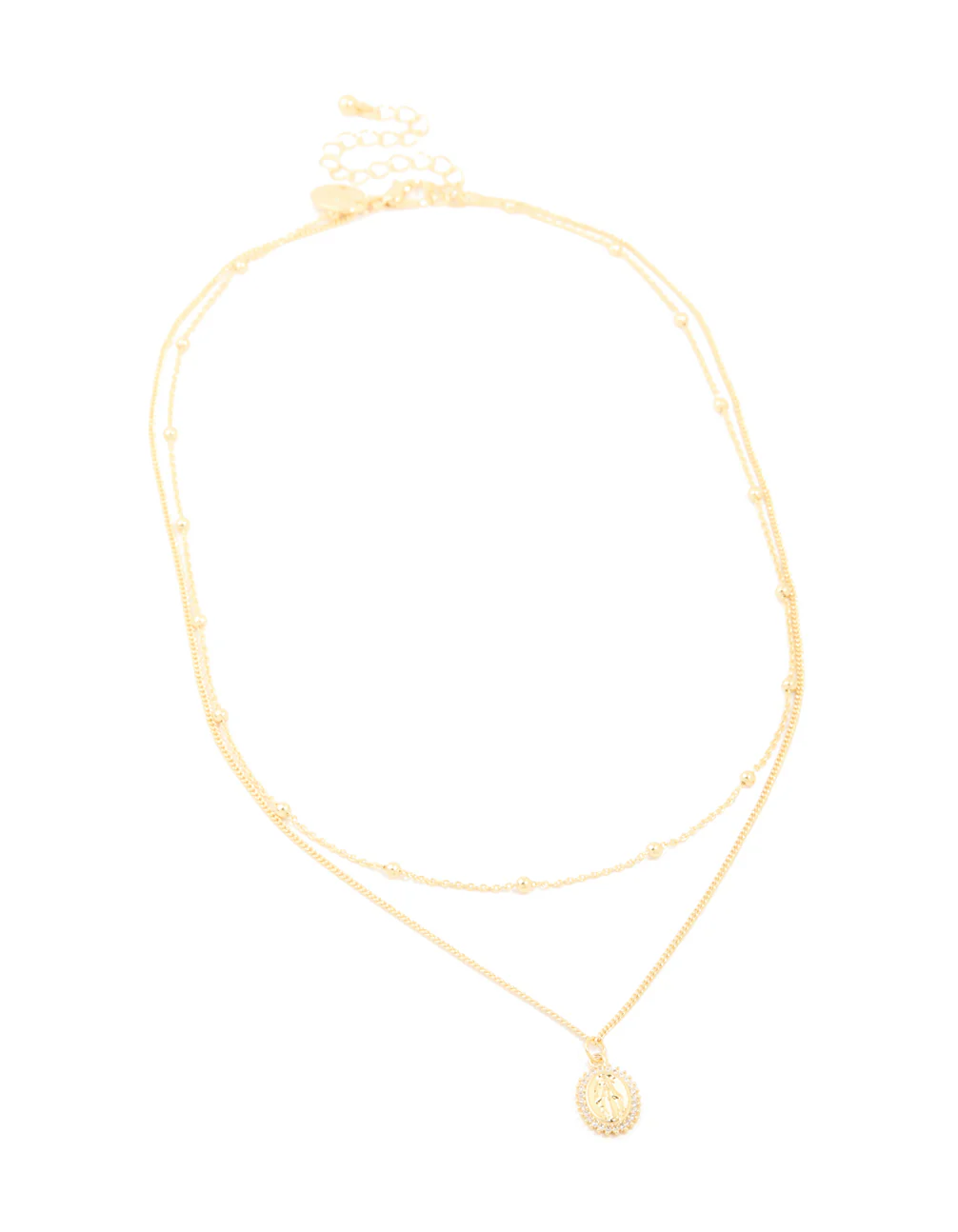 Gold Plated Brass Cubic Zirconia Mary Pendant & Ball Chain Layered Necklace - Image 2