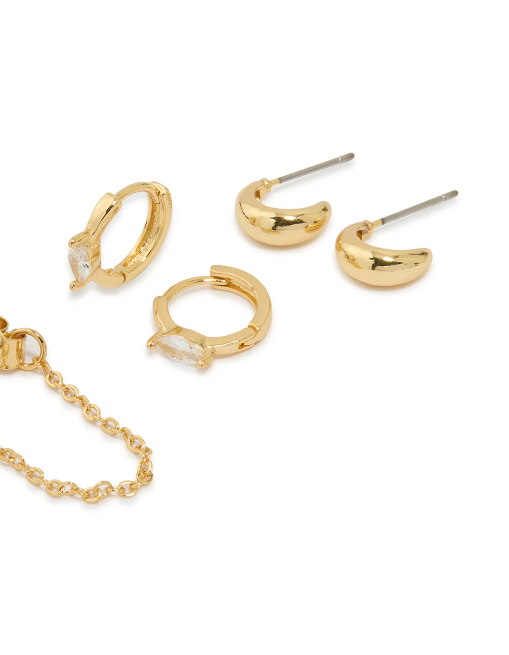 Gold Plated Brass Cubic Zirconia Oval Chain & Huggie Earrings 4-Pack - Image 3