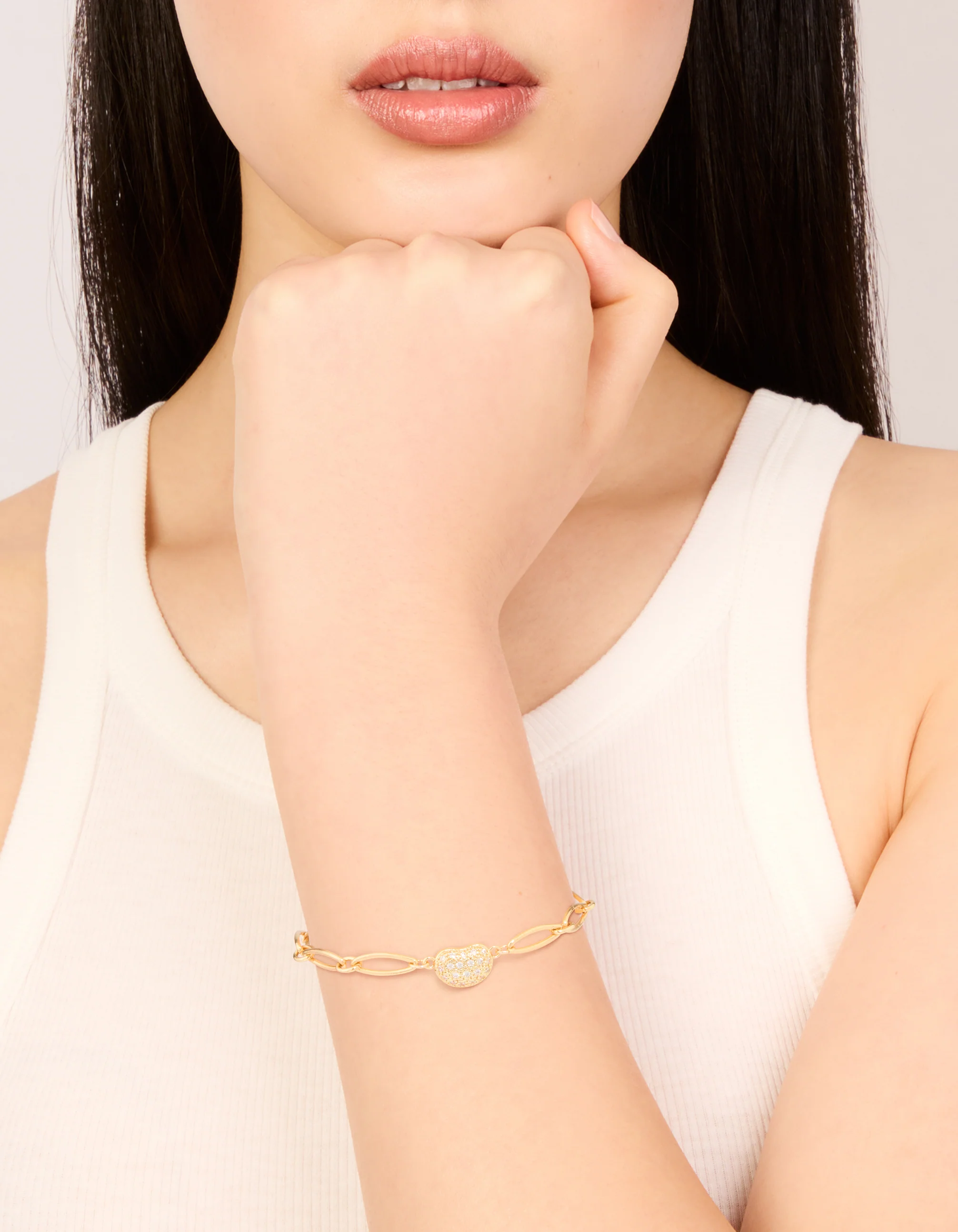 Gold Plated Brass Cubic Zirconia Pebble Chain Link Toggle Bracelet - Image 2