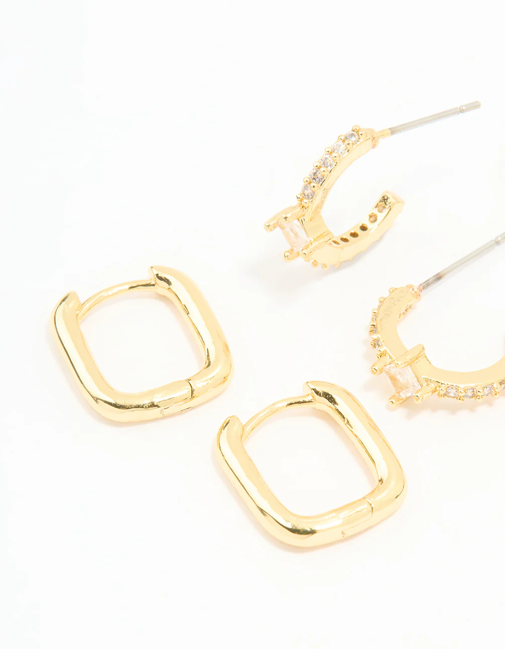 Gold Plated Brass Cubic Zirconia & Plain Rectangle Earrings 4-Pack - Image 2