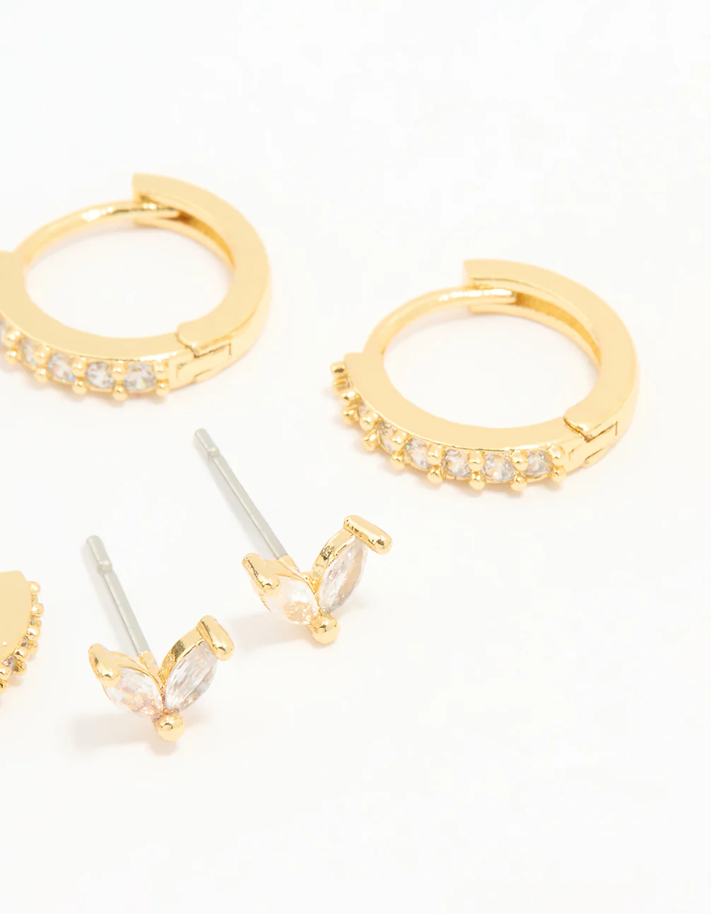 Gold Plated Brass Cubic Zirconia & Plain Rectangle Earrings 4-Pack - Image 3