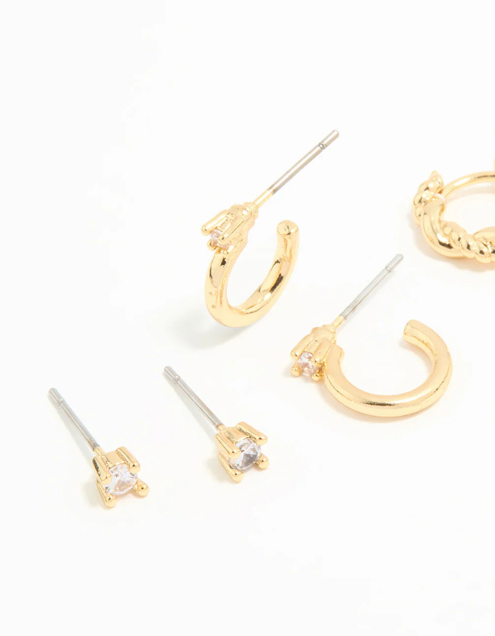 Gold Plated Brass Cubic Zirconia Small Stud & Huggie Earrings 3-Pack - Image 2