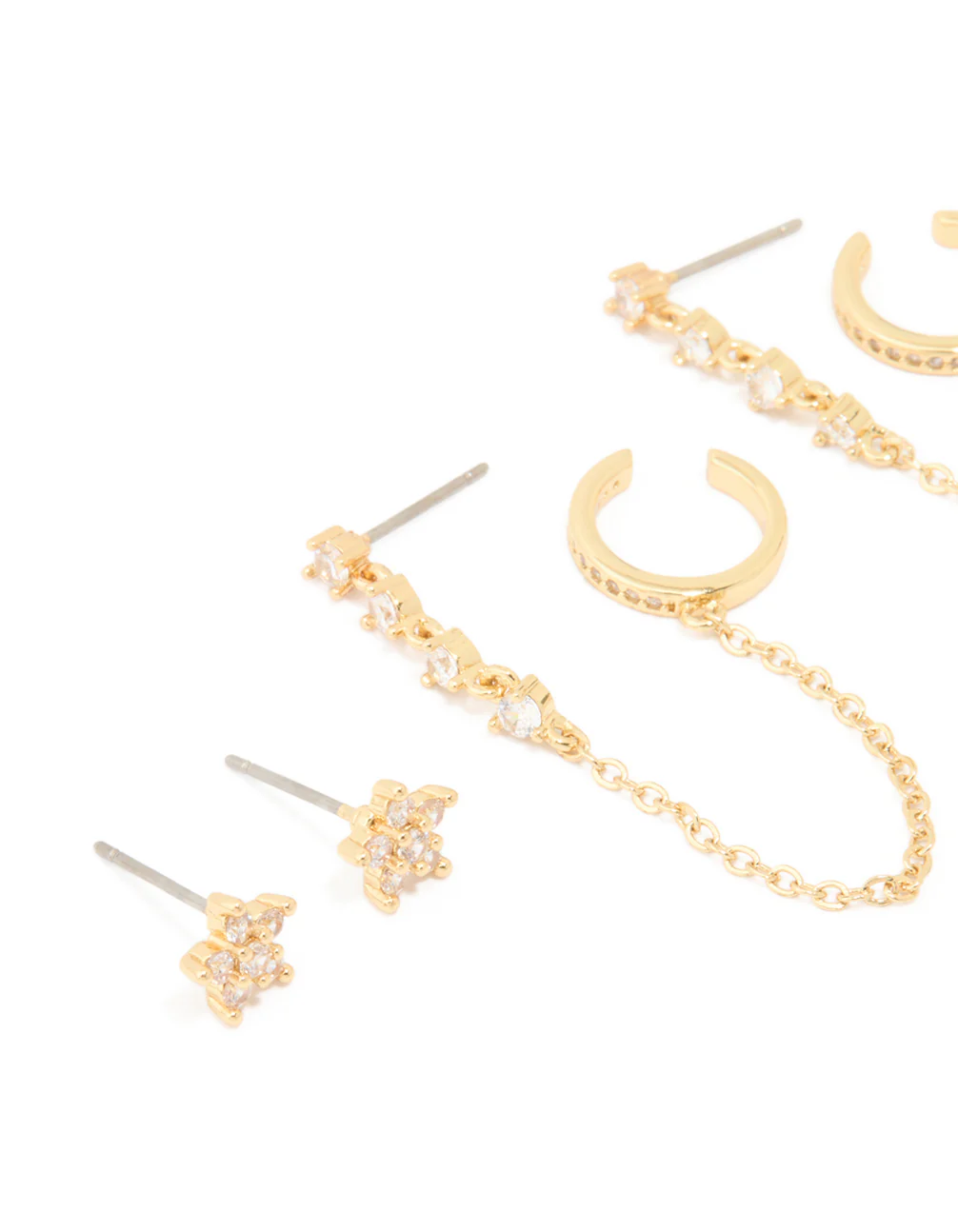 Gold Plated Brass Cubic Zirconia Stud & Chain Earrings 3-Pack - Image 2