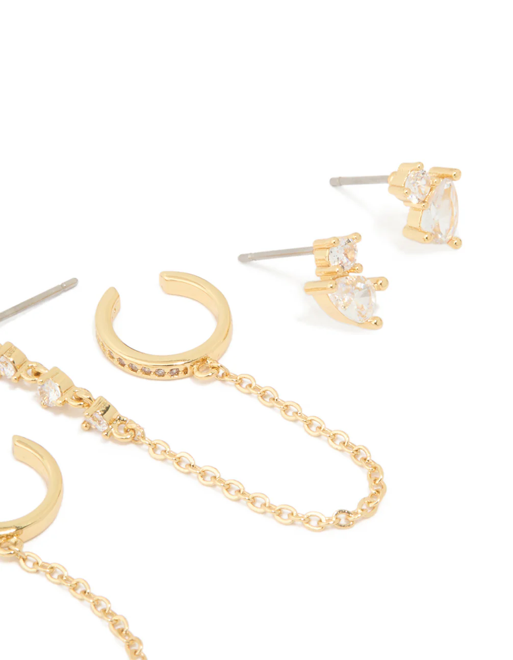 Gold Plated Brass Cubic Zirconia Stud & Chain Earrings 3-Pack - Image 3