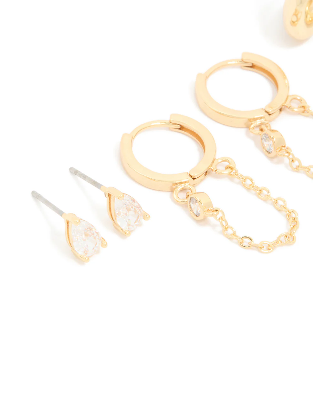 Gold Plated Brass Cubic Zirconia Teardrop Pear Stud & Huggie Earrings 4-Pack - Image 2