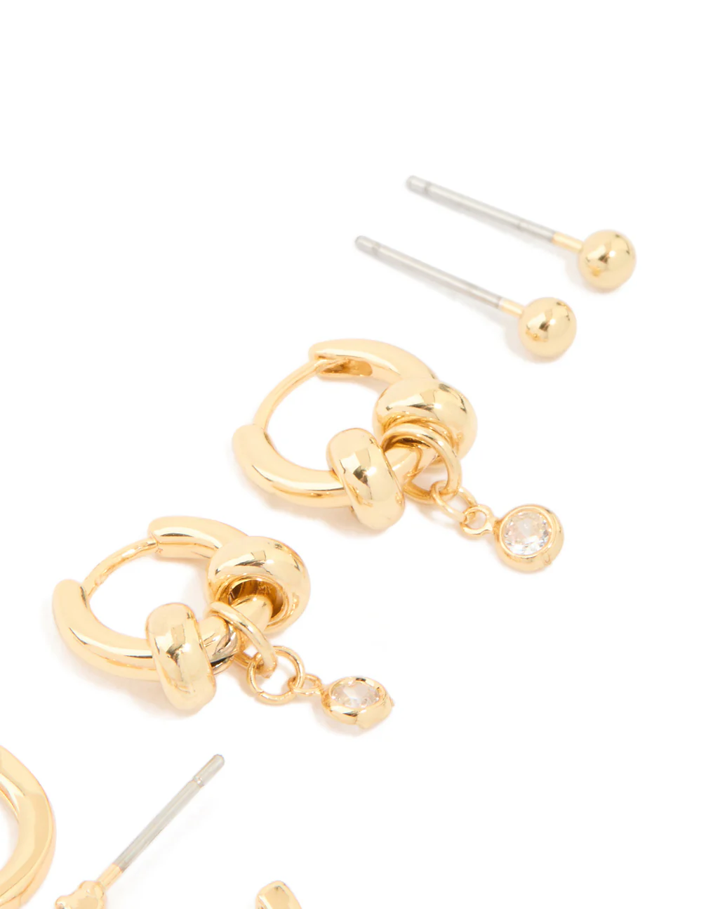 Gold Plated Brass Double Rondell Hoop & Classic Stud Earrings 4-Pack - Image 3