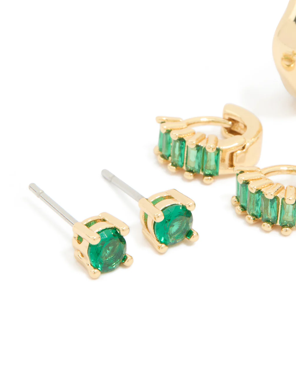 Gold Plated Brass Emerald Cubic Zirconia Huggie & Stud Earrings 4-Pack - Image 2