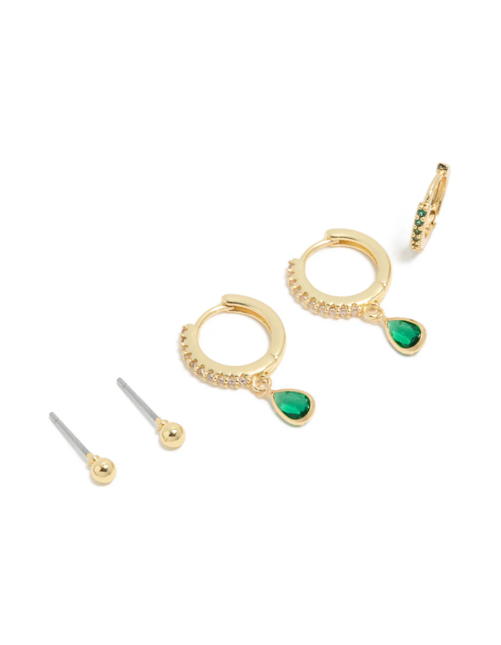 Gold Plated Brass Emerald Cubic Zirconia May Birthstone Earrings 4-Pack - Image 2