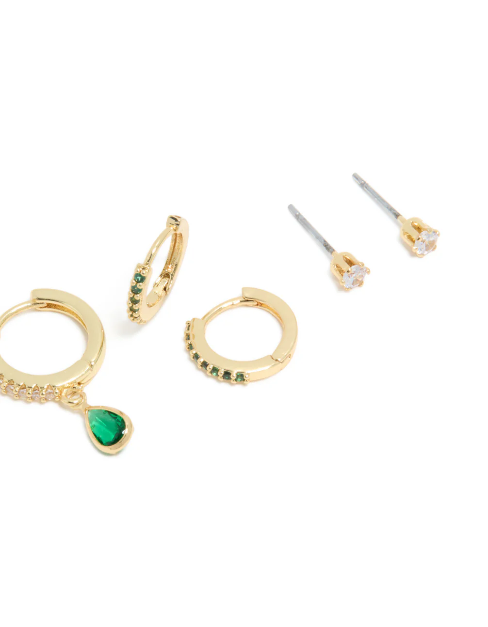 Gold Plated Brass Emerald Cubic Zirconia May Birthstone Earrings 4-Pack - Image 3