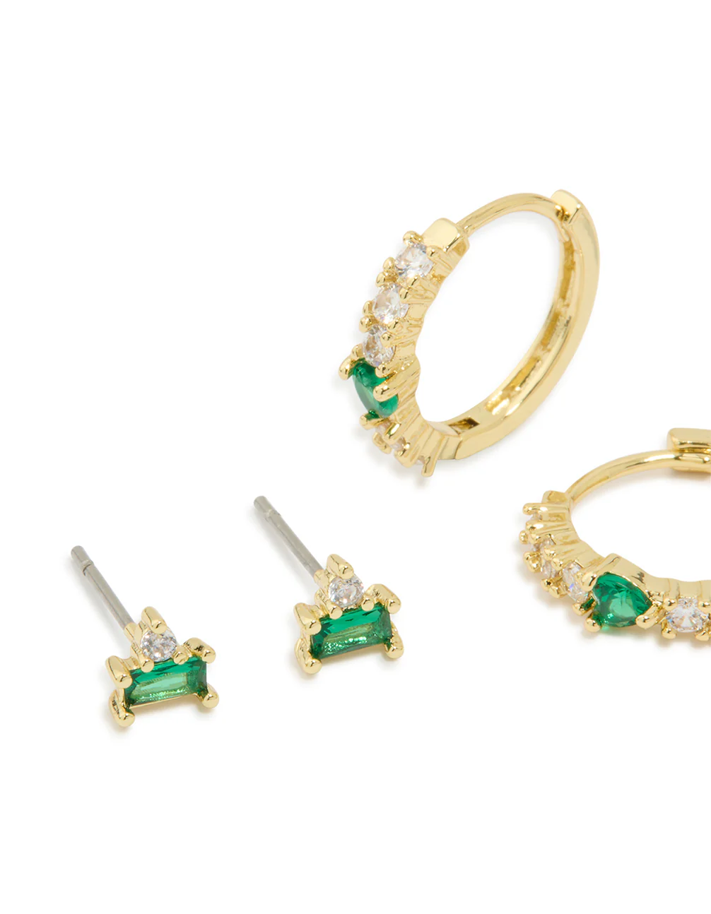 Gold Plated Brass Emerald Flower Stud & Huggie Earrings 3-Pack - Image 2