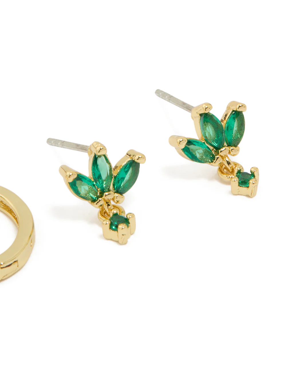 Gold Plated Brass Emerald Flower Stud & Huggie Earrings 3-Pack - Image 3