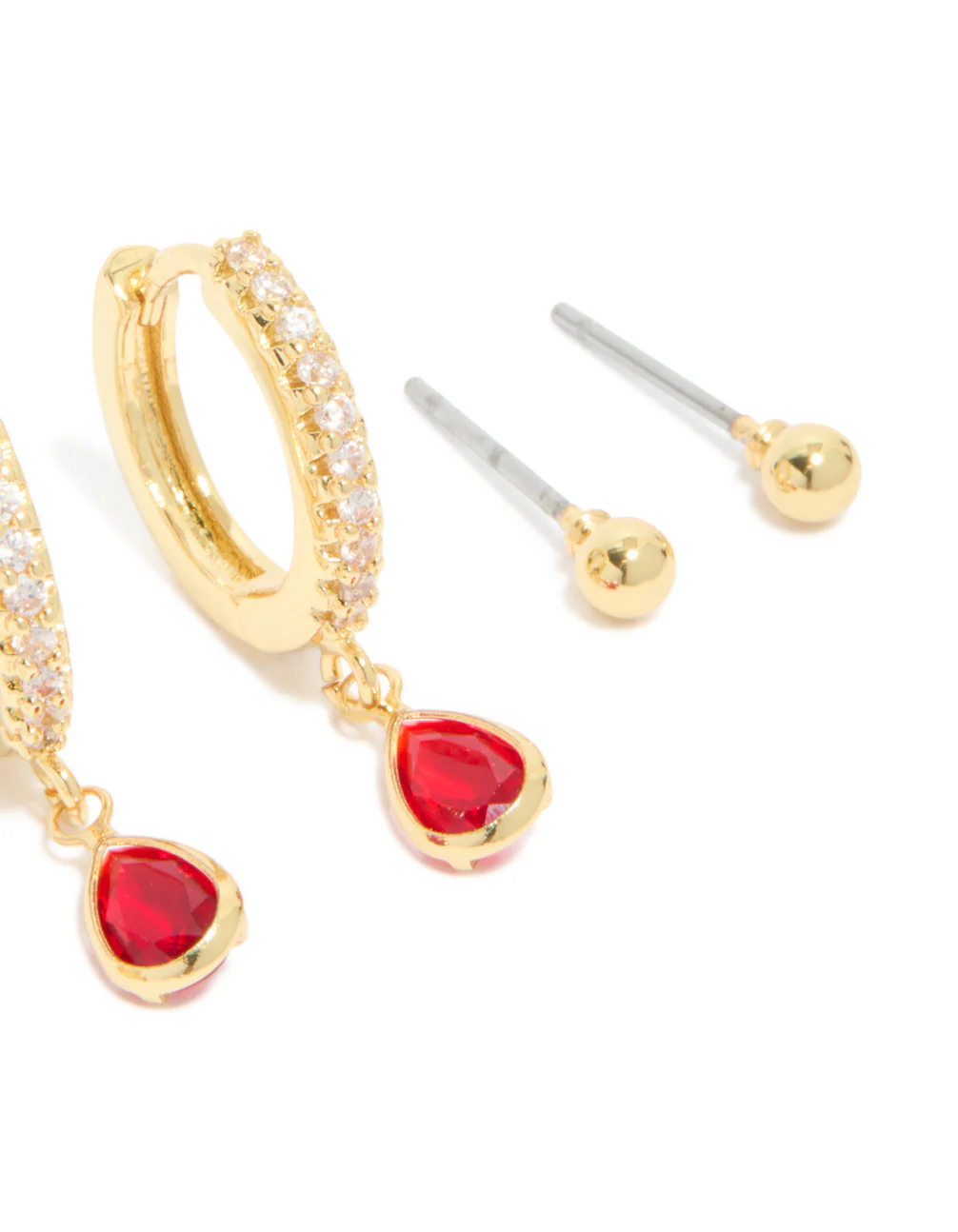 Gold Plated Brass Garnet Cubic Zirconia January Birthstone Earrings 4-Pack - Image 3