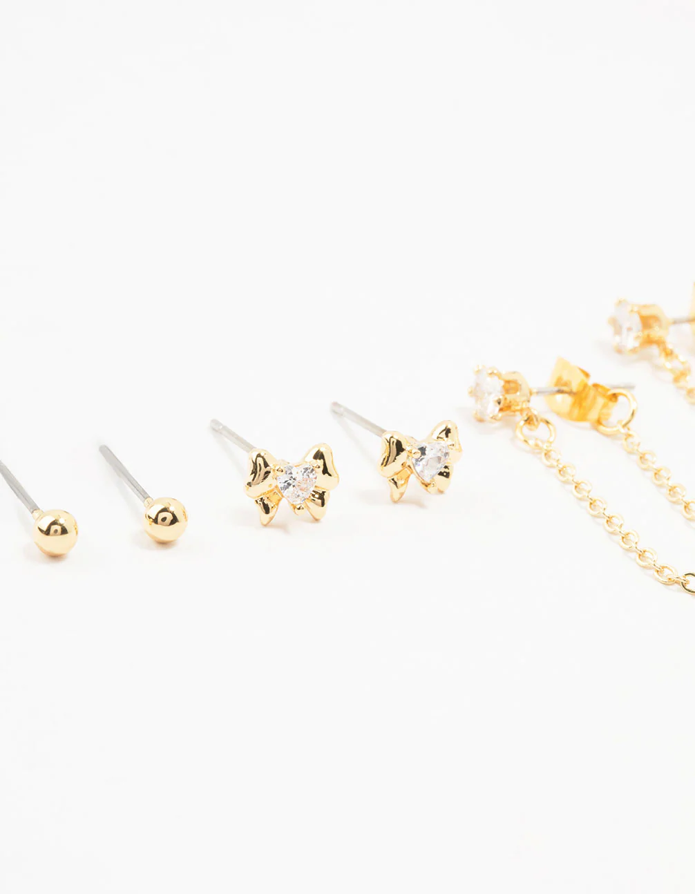 Gold Plated Brass Heart Bow Chain Earrings 4-Pack - Image 2