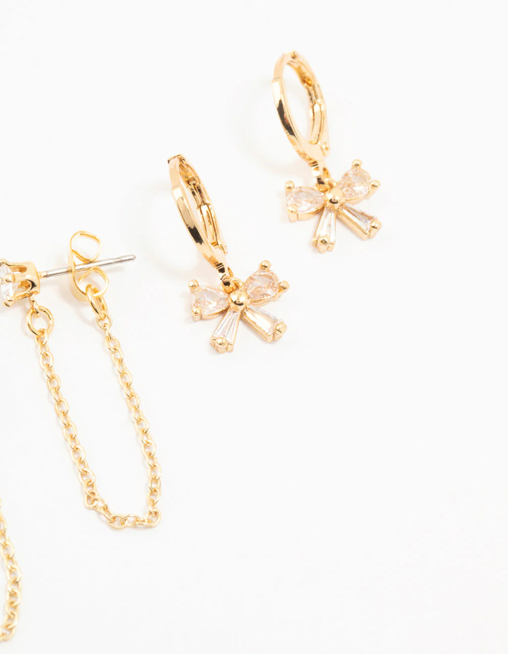 Gold Plated Brass Heart Bow Chain Earrings 4-Pack - Image 3