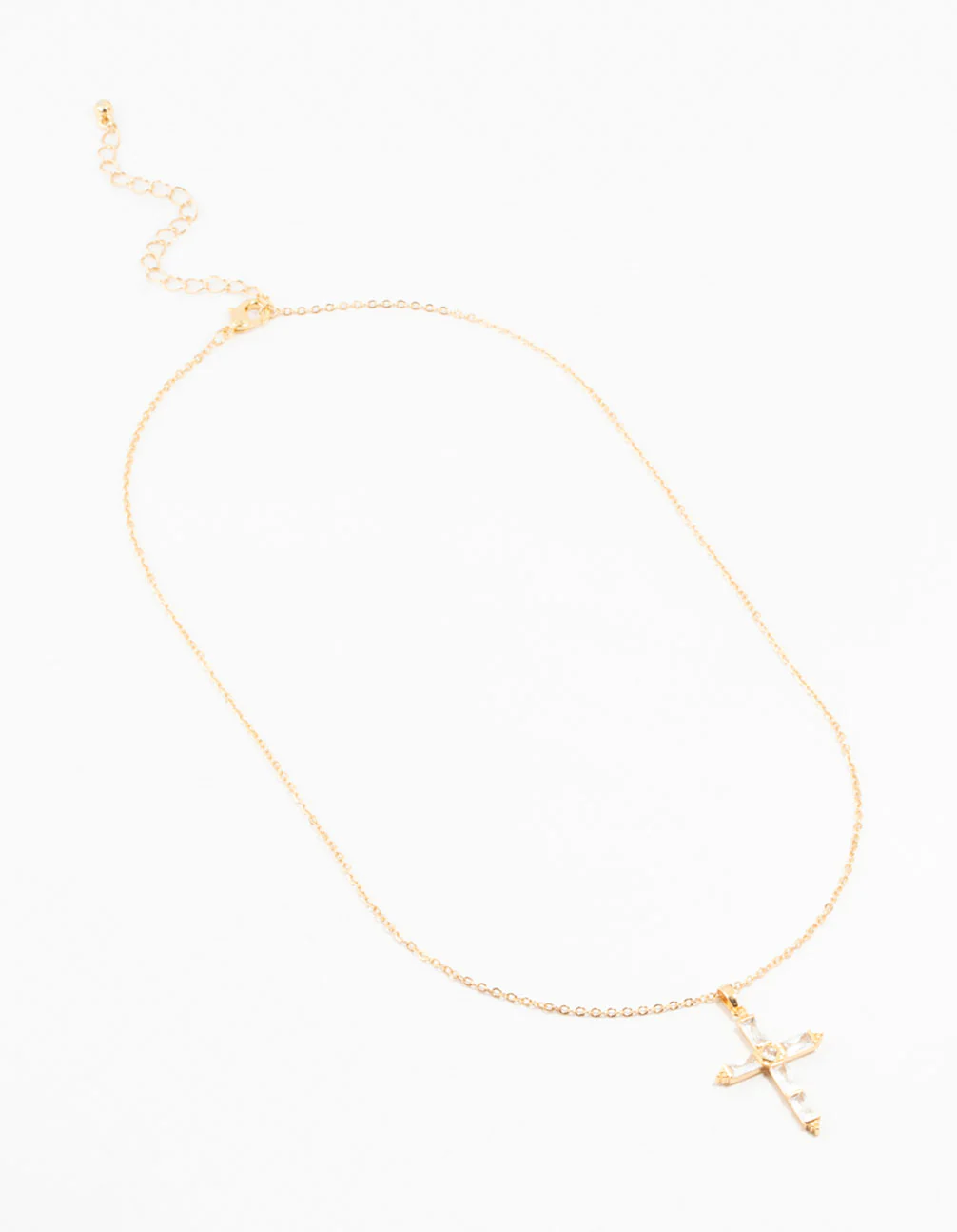 Gold Plated Brass Large Baguette Cut Cubic Zirconia Cross Necklace - Image 2