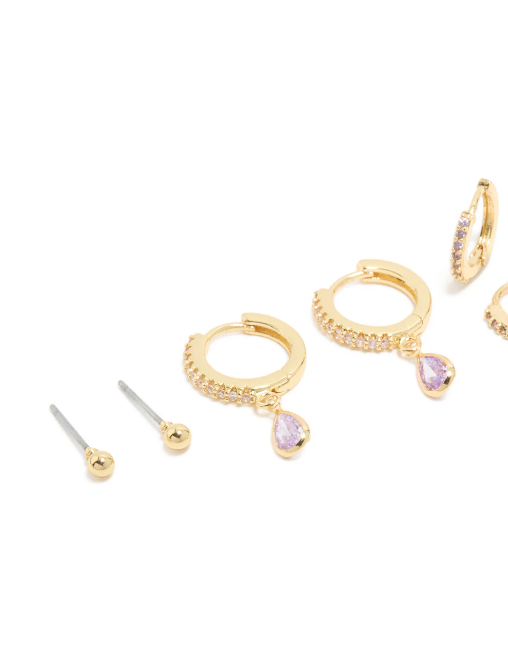 Gold Plated Brass Light Amethyst Cubic Zirconia June Birthstone Earrings 4-Pack - Image 2