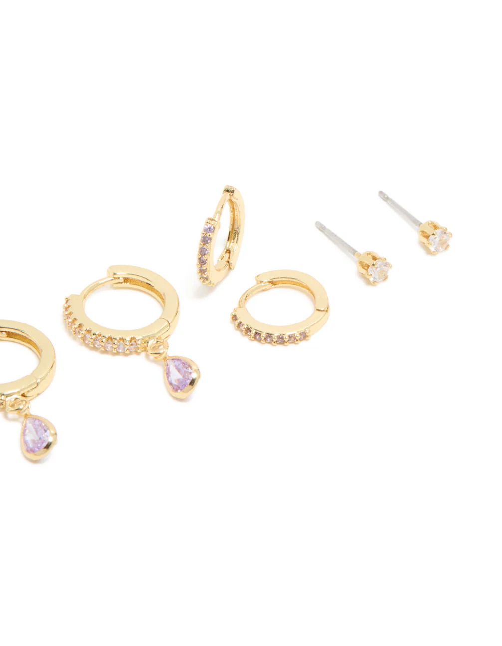 Gold Plated Brass Light Amethyst Cubic Zirconia June Birthstone Earrings 4-Pack - Image 3