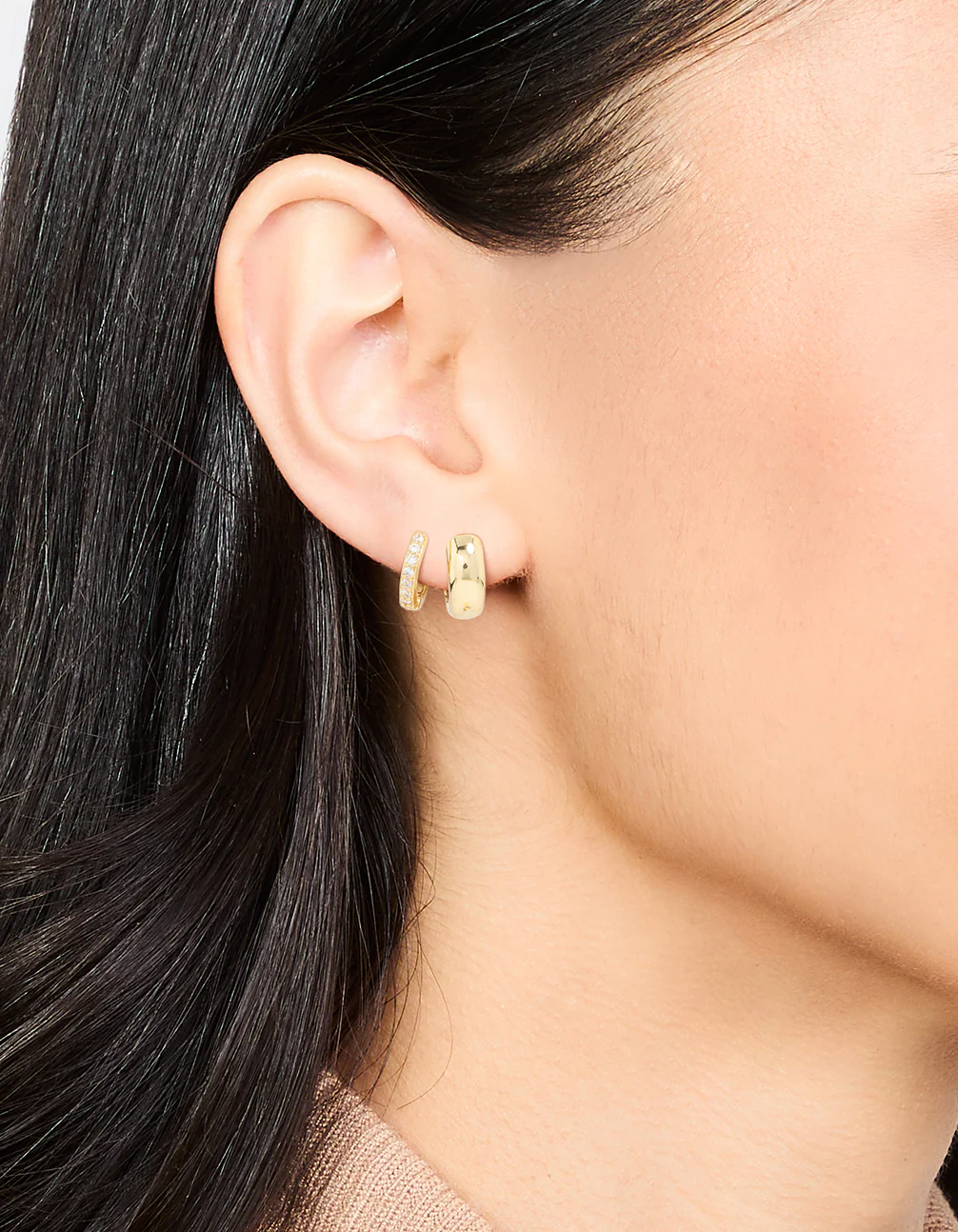 Gold Plated Brass Mini Cubic Zirconia & Plain Huggie Earrings 2-Pack - Image 2