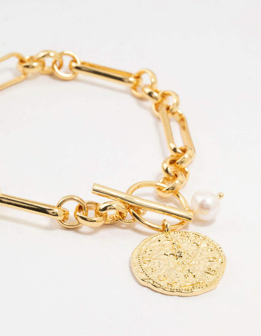 Gold Plated Brass Rectangular Link With Coin Bracelet - Image 2