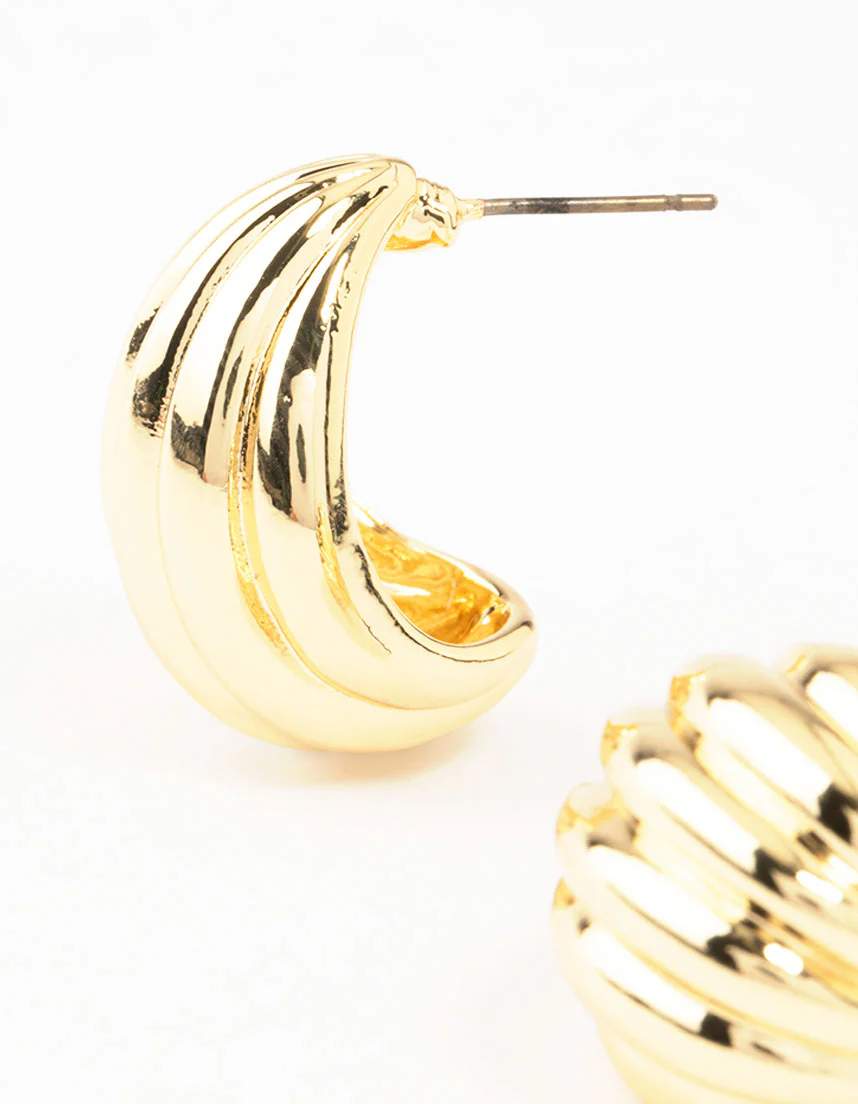 Gold Plated Brass Ribbed Hoop Earrings - Image 2