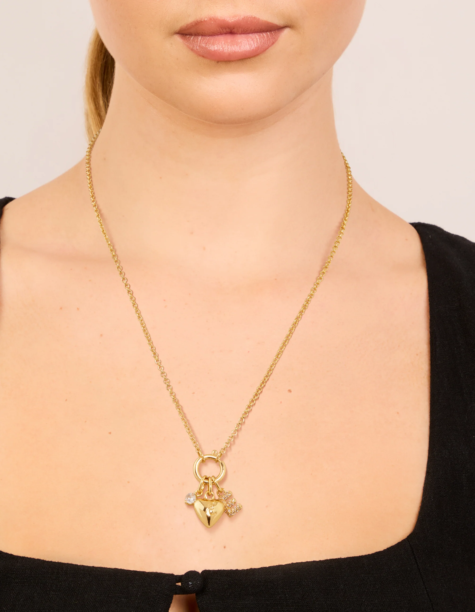 Gold Plated Bubble E & Heart Charm Necklace - Image 2