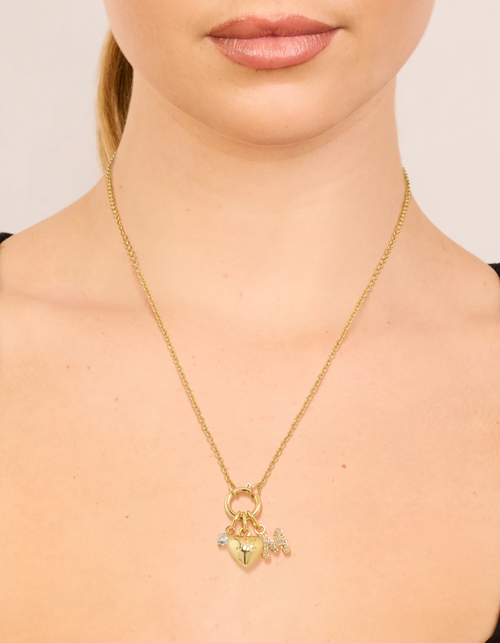 Gold Plated Bubble M & Heart Charm Necklace - Image 2