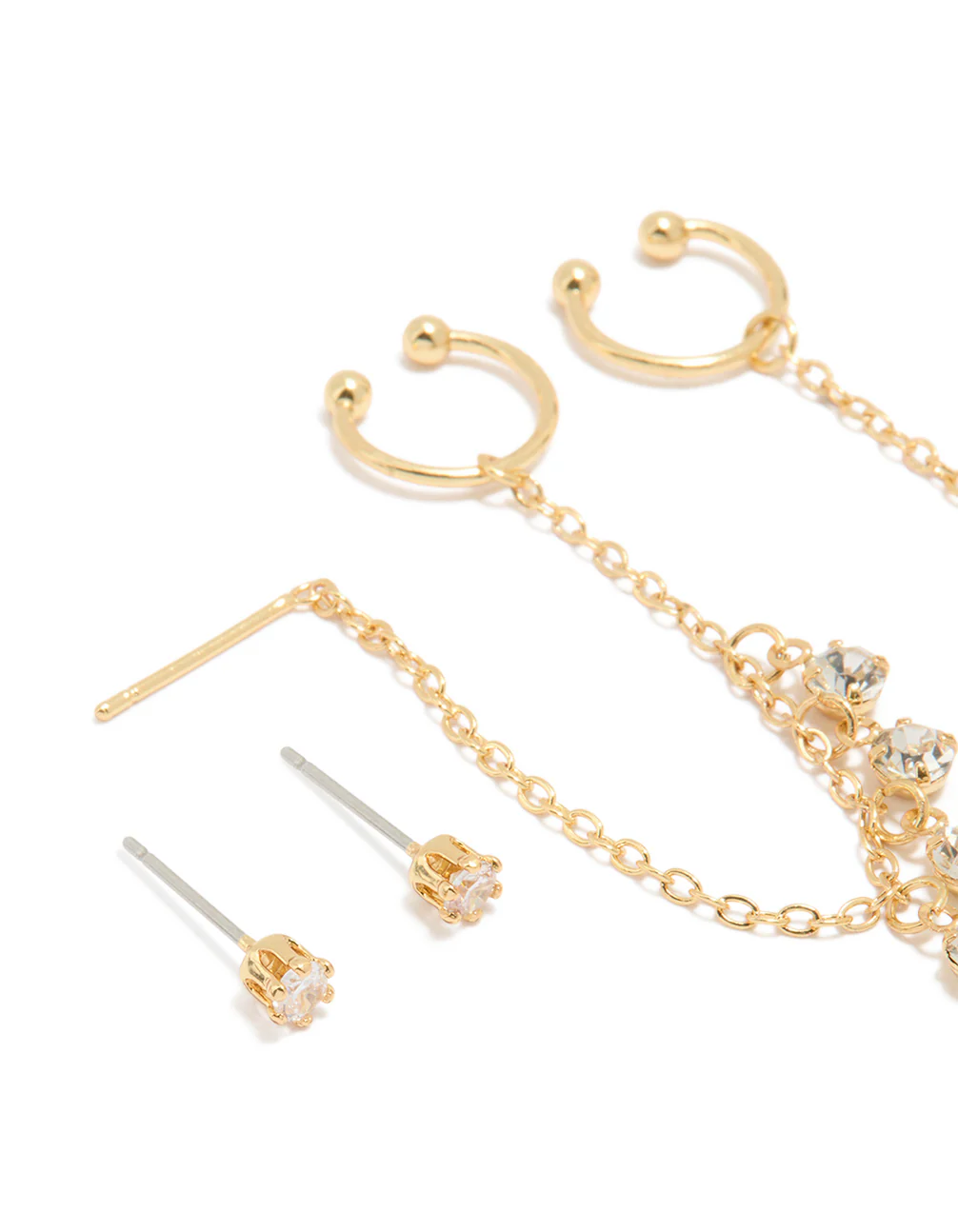 Gold Plated Chain Cubic Zirconia Chain Pull Through Earrings & Studs 3-Pack - Image 2