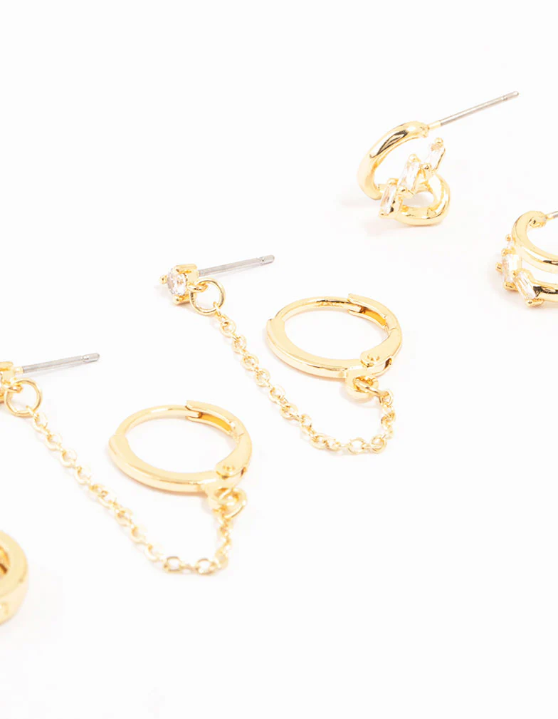 Gold Plated Chunky Hoop & Chain Earrings 4-Pack - Image 3