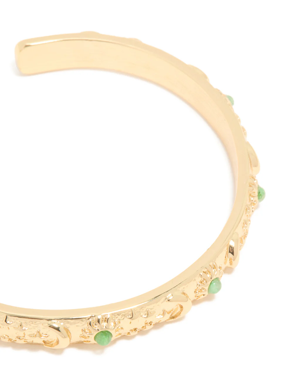 Gold Plated Cluster Green Semi Precious Stone Etched Open Wrist Cuff - Image 2