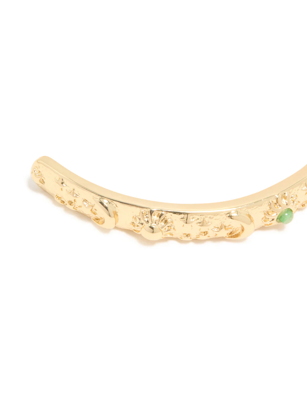 Gold Plated Cluster Green Semi Precious Stone Etched Open Wrist Cuff - Image 3
