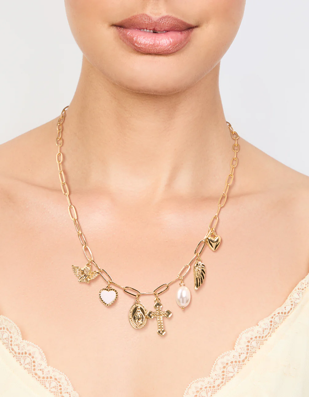 Gold Plated Cross & Pearl Charm Necklace - Image 2