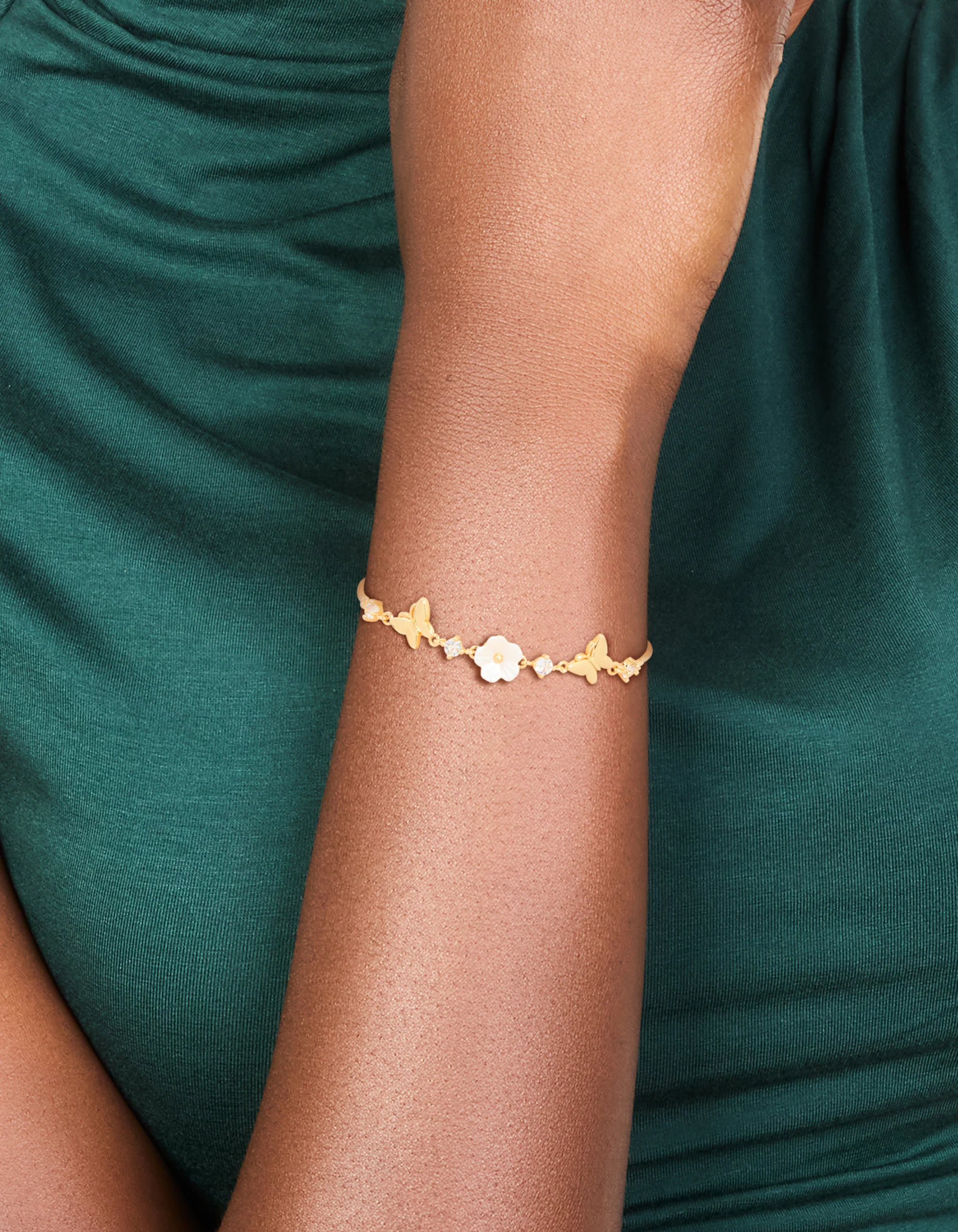 Gold Plated Cubic Zirconia Acrylic Flower Toggle Bracelet - Image 2