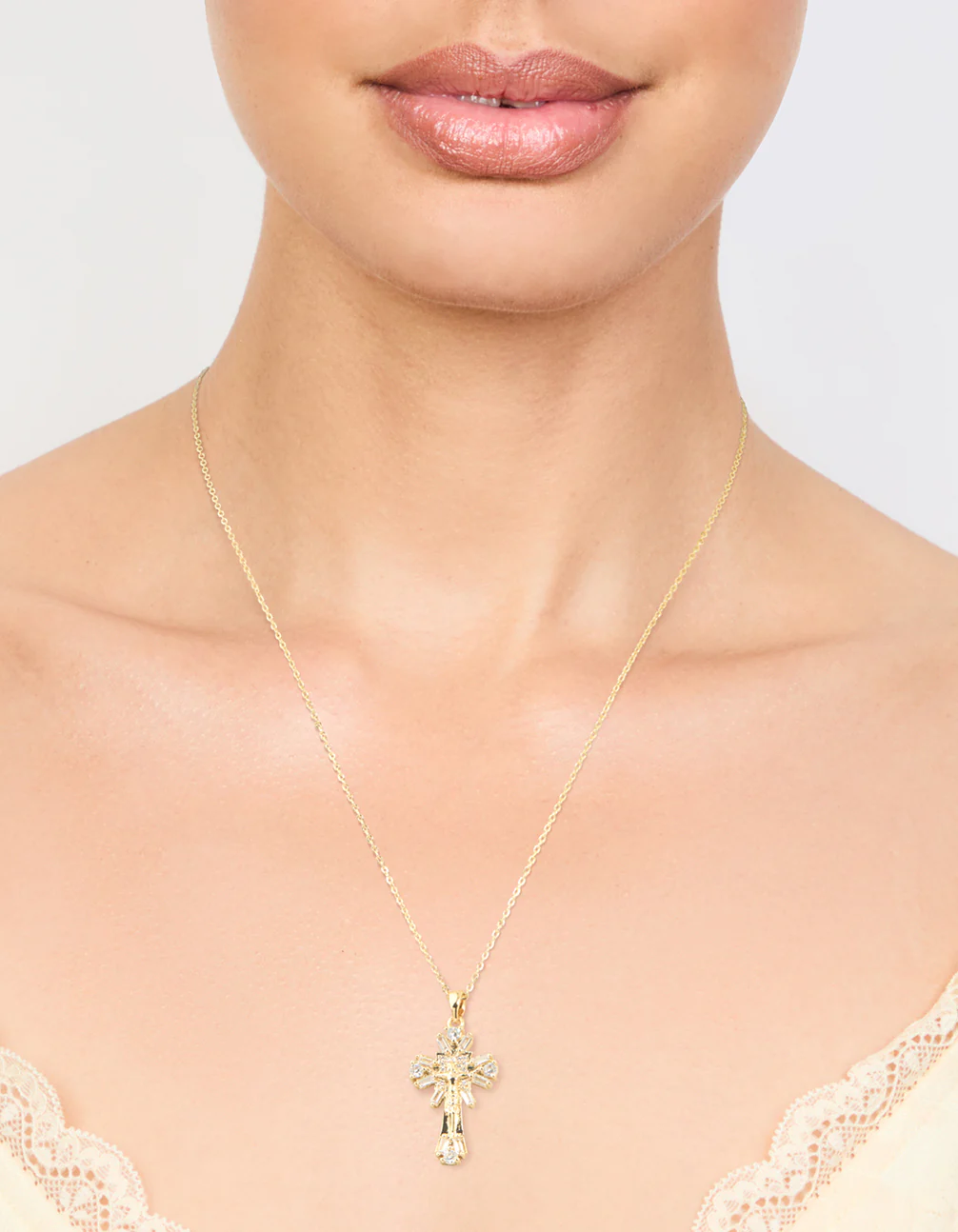 Gold Plated Cubic Zirconia Baguette Cross Pendant Necklace - Image 2