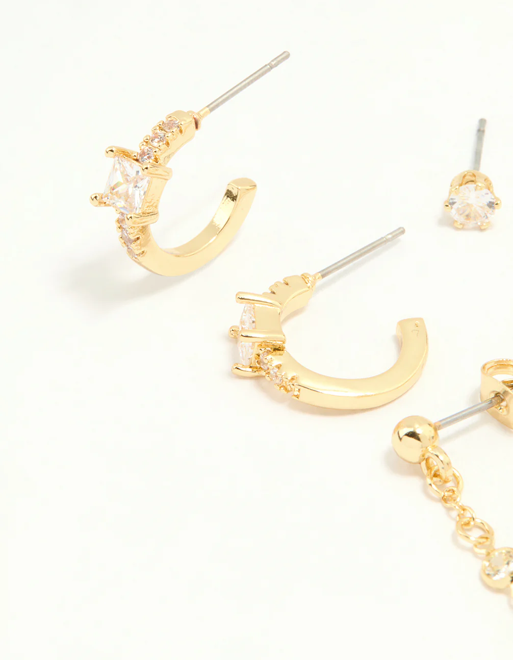 Gold Plated Cubic Zirconia Baguette Hoop & Chain Earrings 4-Pack - Image 2