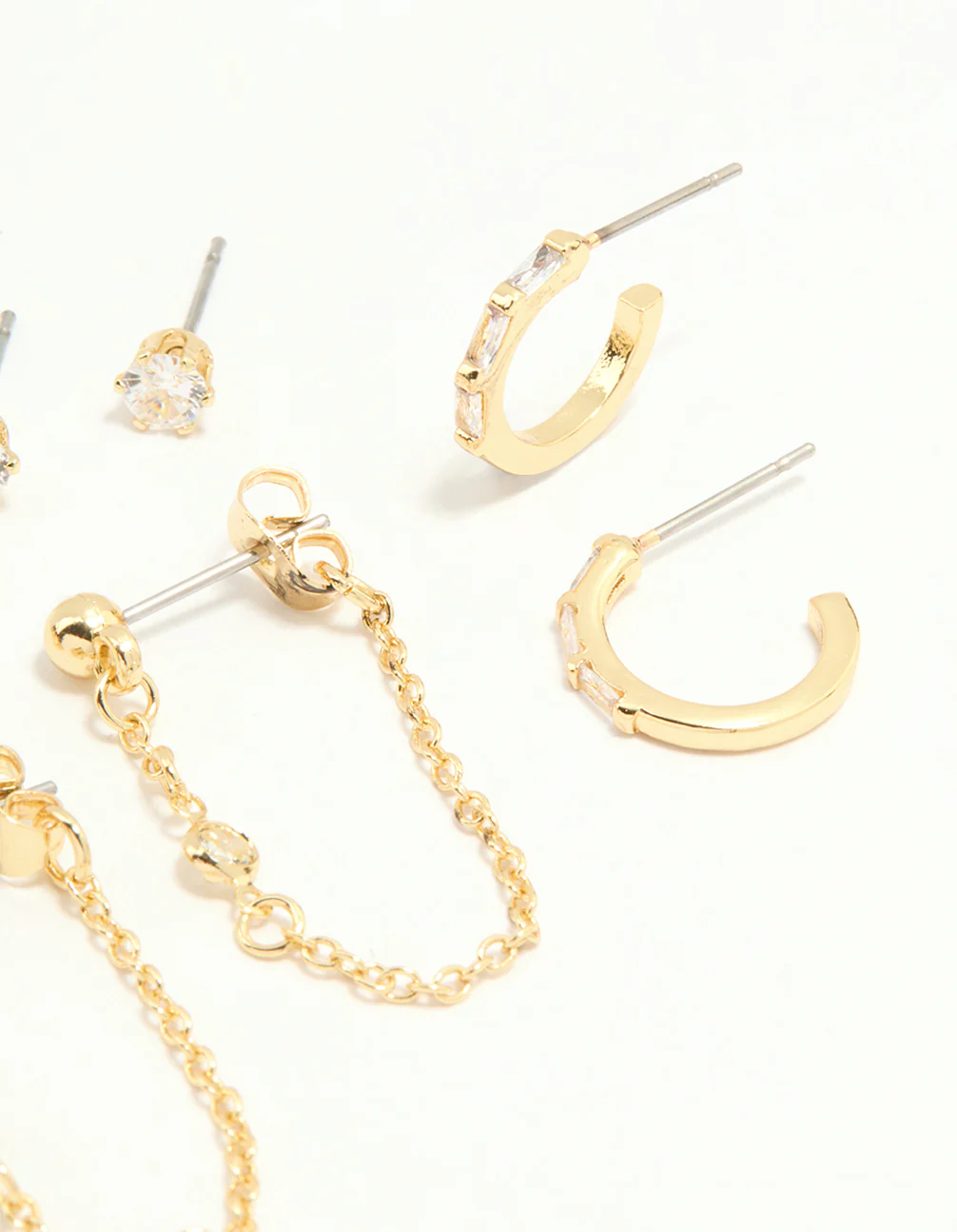Gold Plated Cubic Zirconia Baguette Hoop & Chain Earrings 4-Pack - Image 3