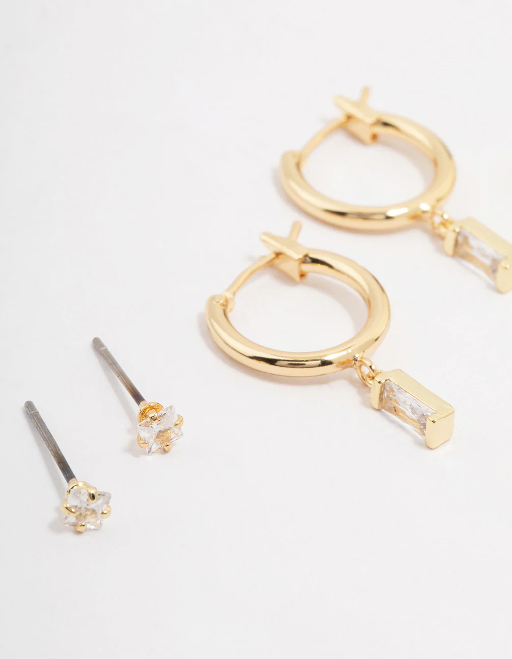 Gold Plated Brass Cubic Zirconia Baguette Hoop Earring 3-Pack - Image 2