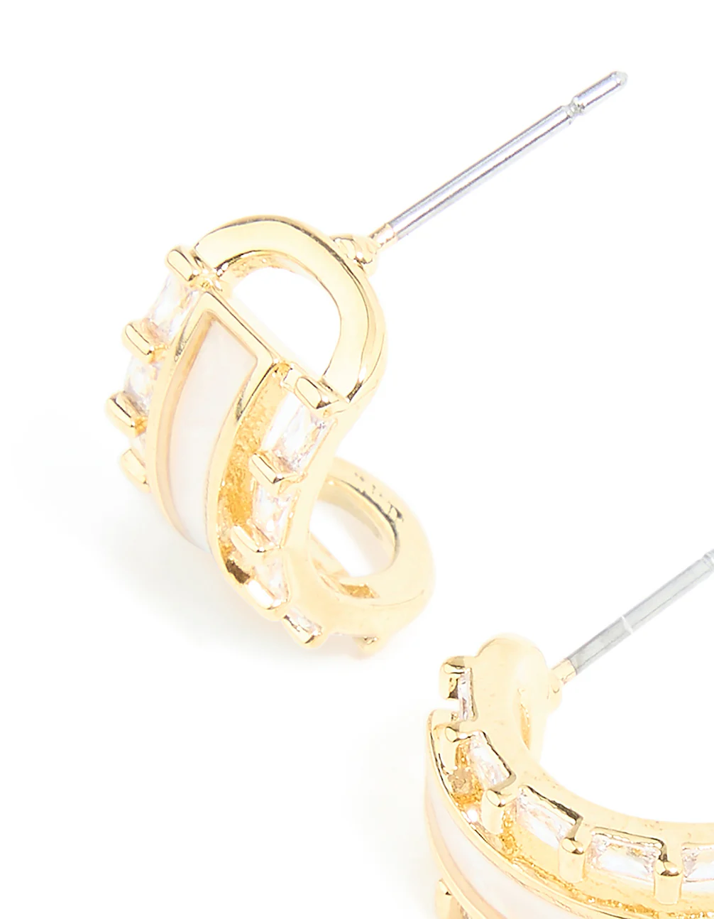 Gold Plated Cubic Zirconia Baguette Inlay Hoop Earrings - Image 2