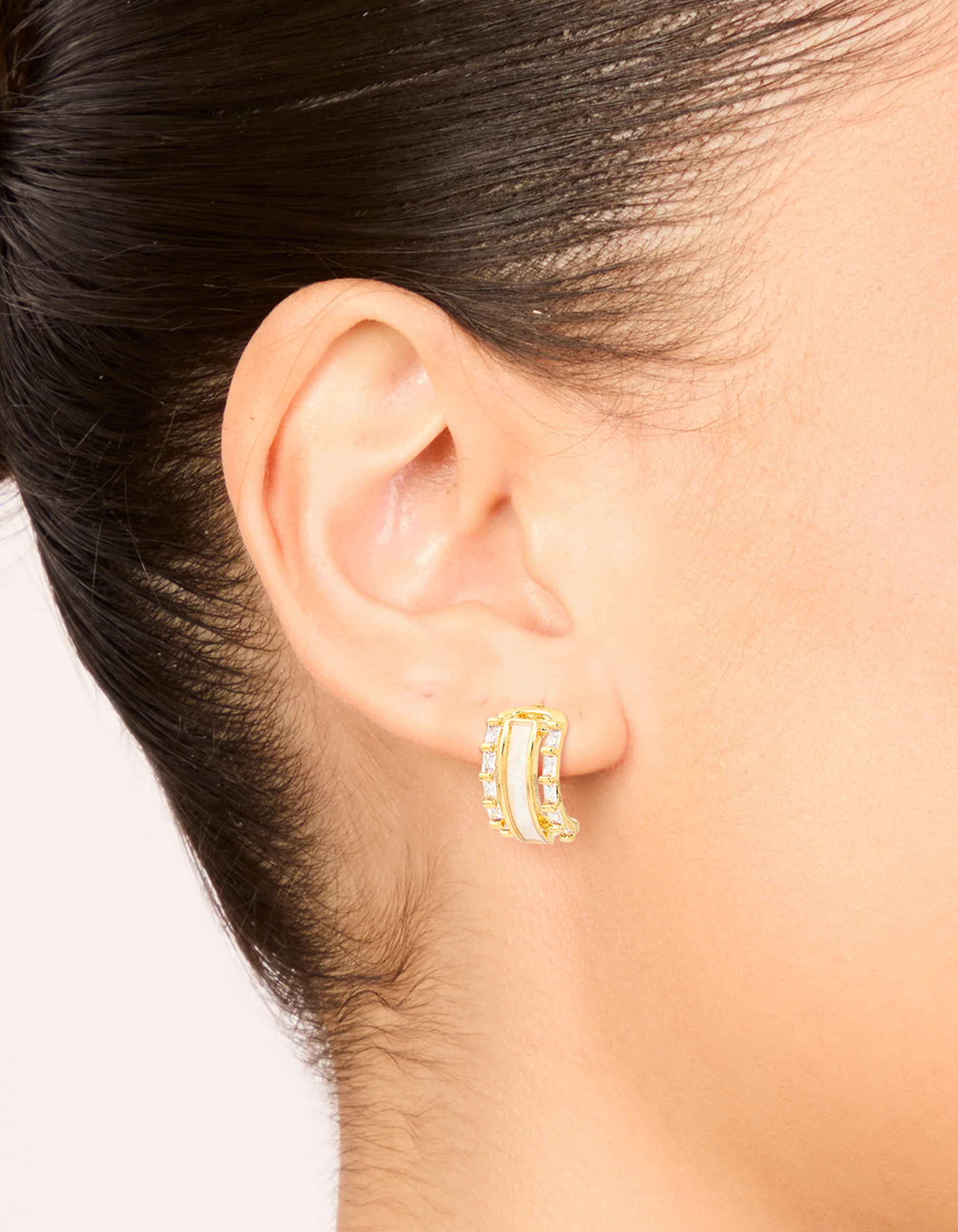 Gold Plated Cubic Zirconia Baguette Inlay Hoop Earrings - Image 4